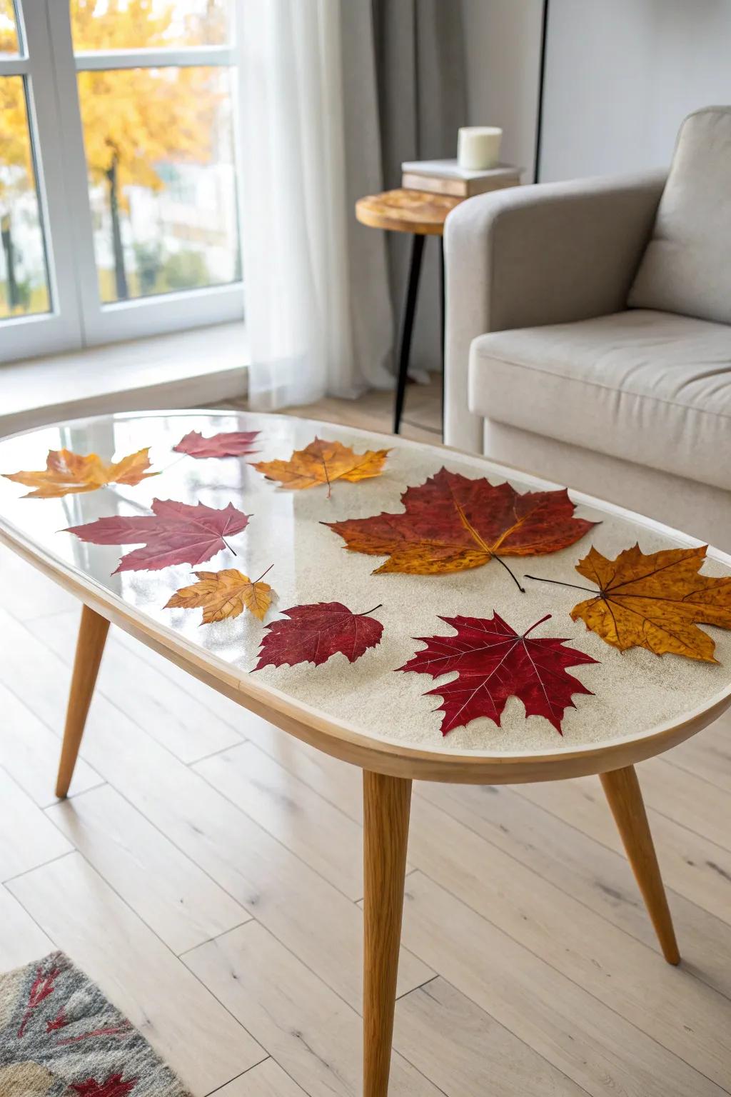 Embrace the splendor involving autumn incorporating this exquisite maple foliage epoxy resin table, a flawless amalgamation involving organic elements including artistry.