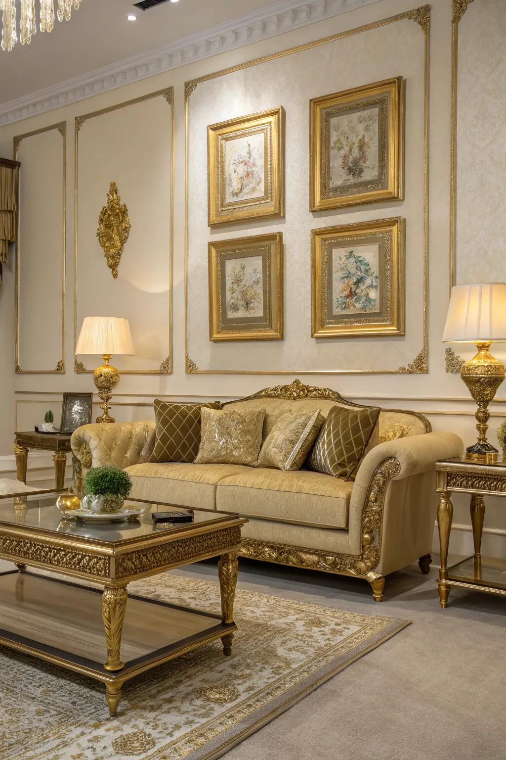 Golden accents bring a hint of luxury to this European-style living space.