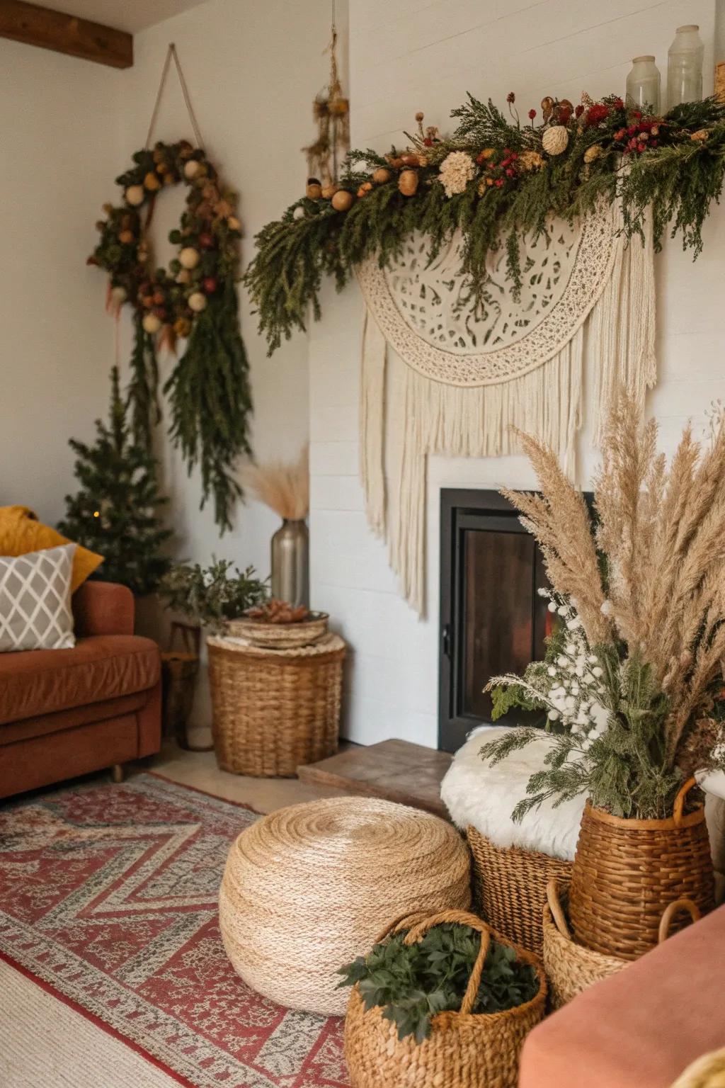 A bohemian-inspired swag featuring air-dried flowers in a living room setting.