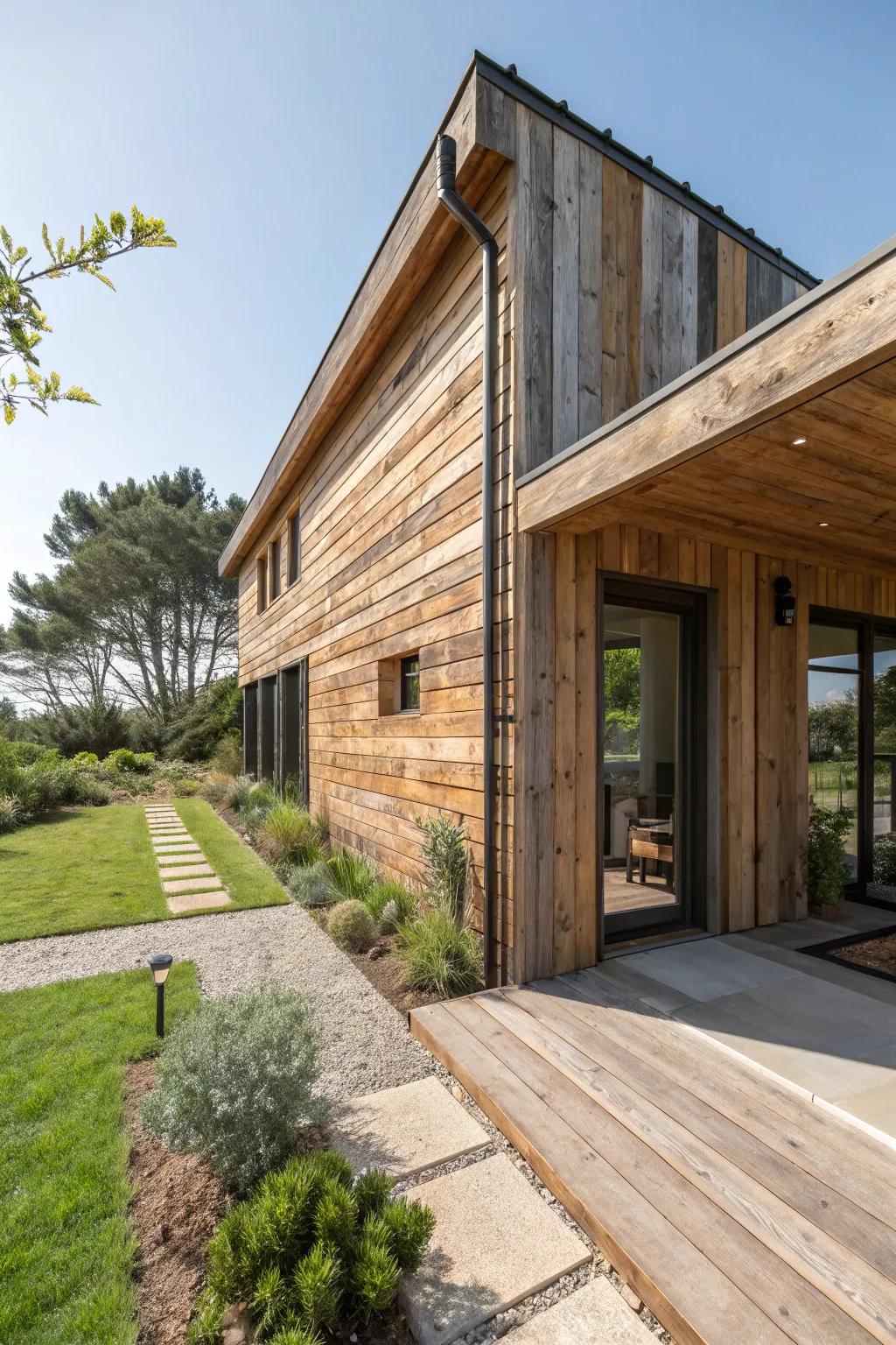 A house exterior featuring sustainable products like upcycled wood.
