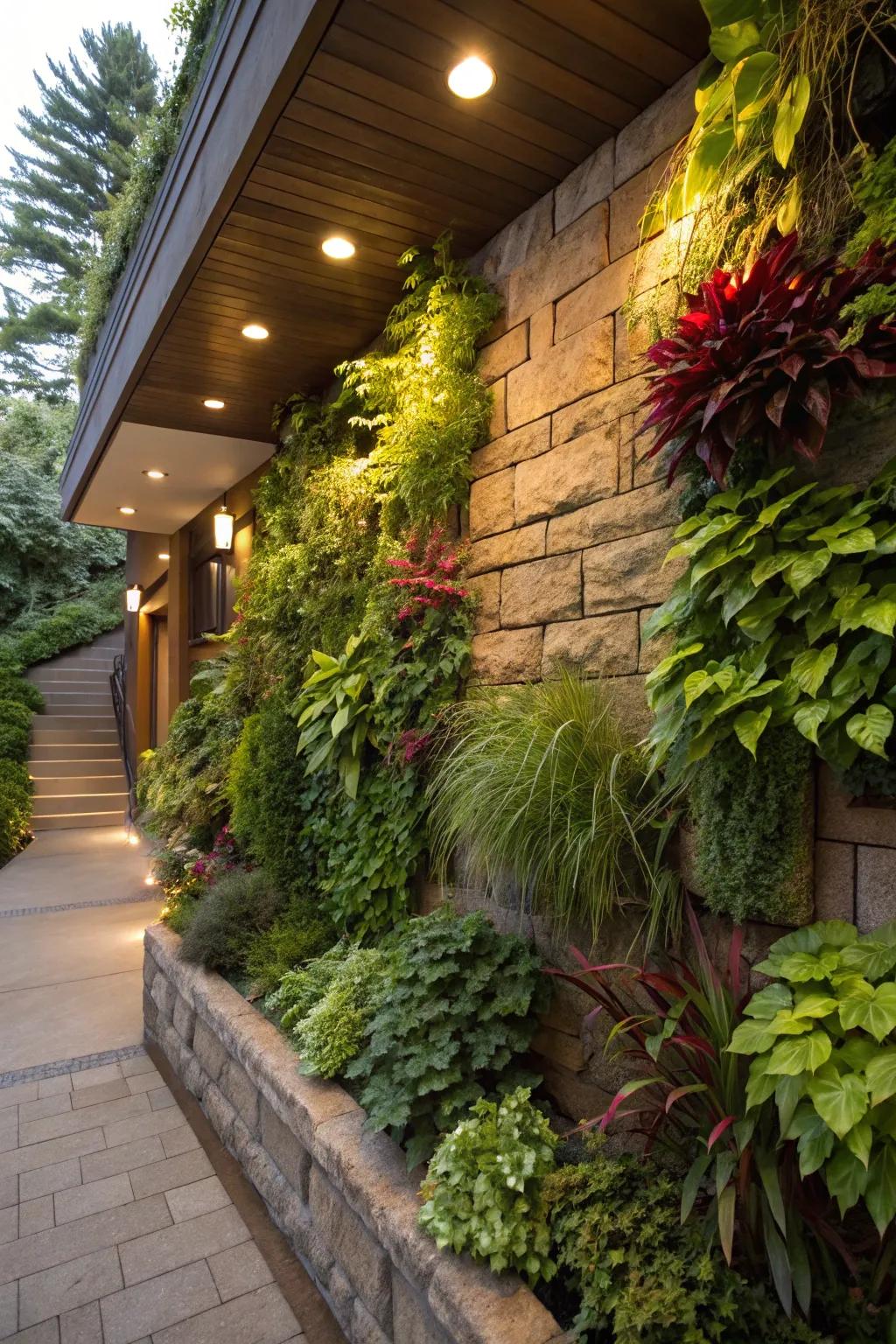 A vibrant vertical garden adds life to a walkout basement wall.