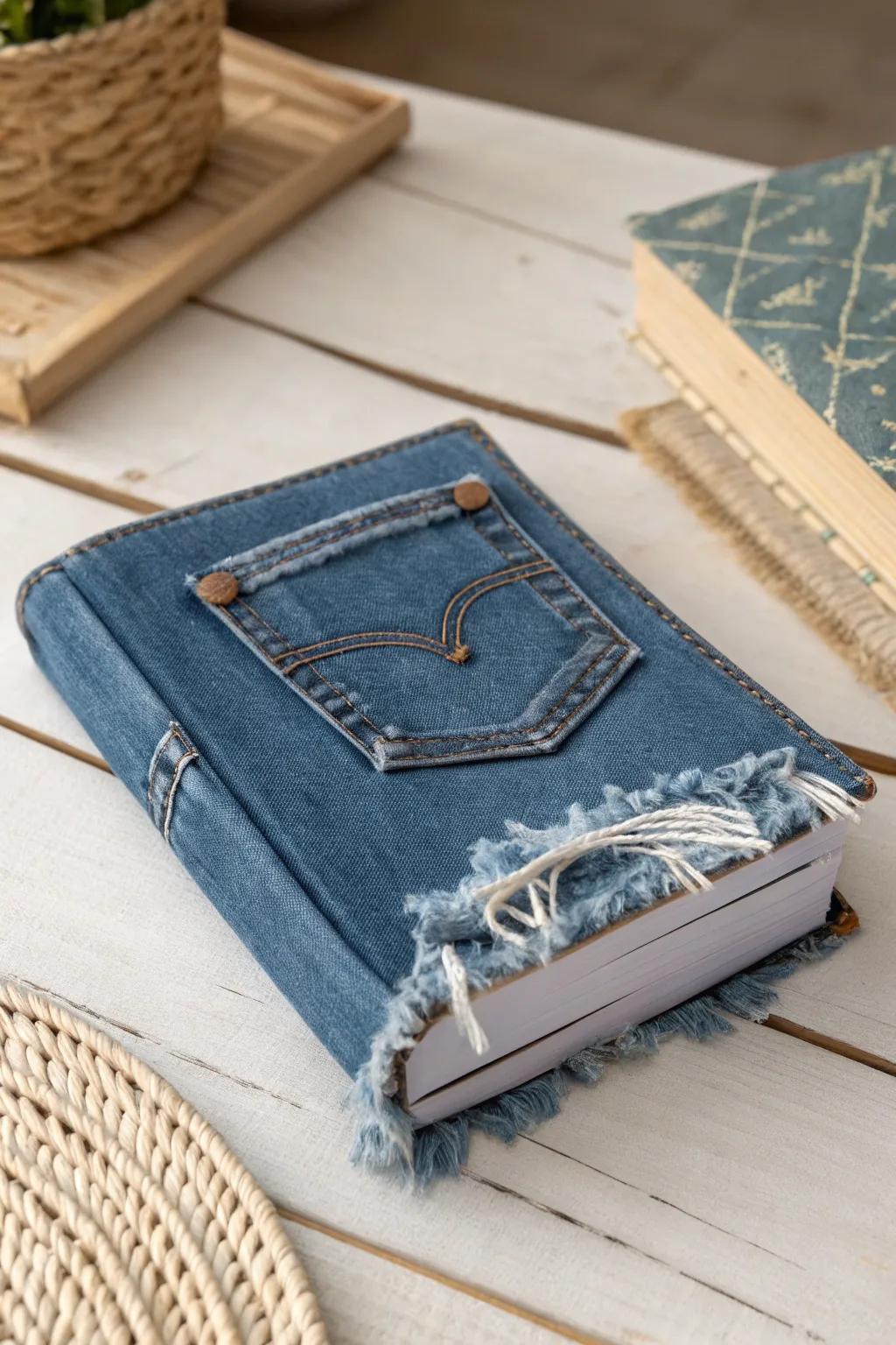 Turn your old jeans into a chic book cover and embrace the beauty of sustainability!