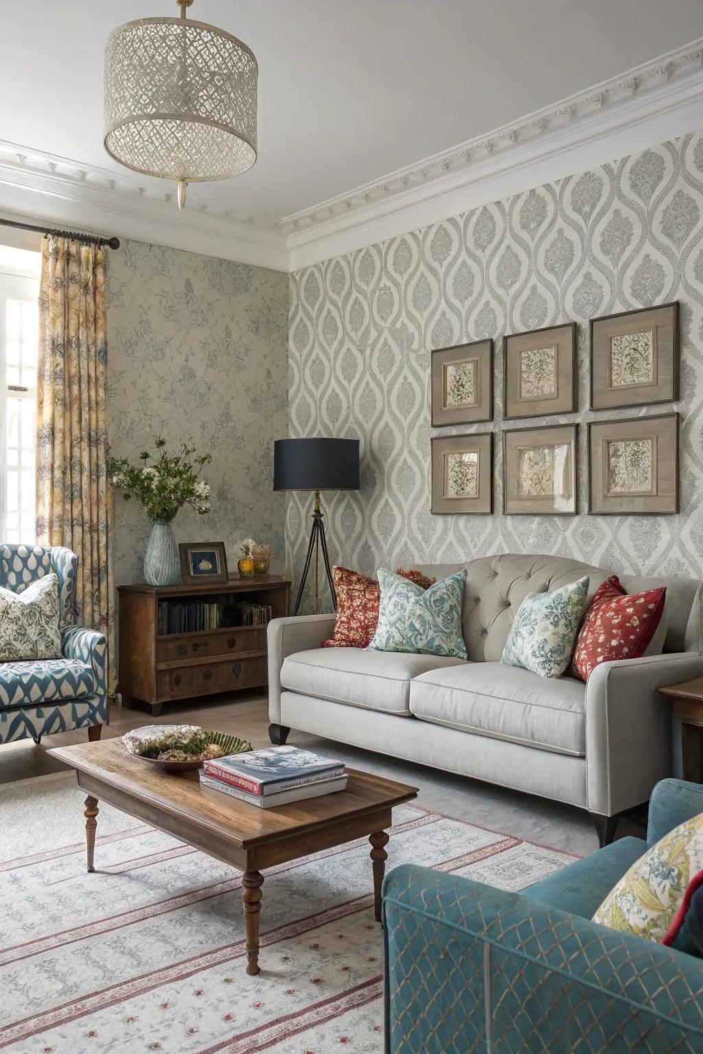 A sense of balance is achieved by combining modern and traditional patterns in fabric wallpaper.
