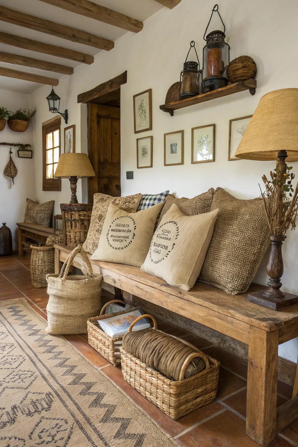 Burlap and jute pillows bring a rustic charm to any setting.