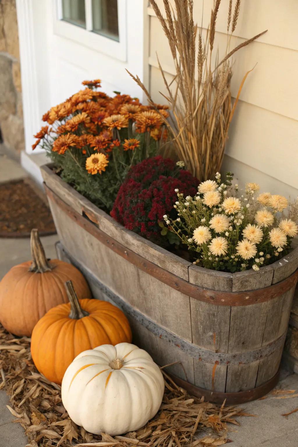 Preserved blooms add a vintage charm to gourd containers.