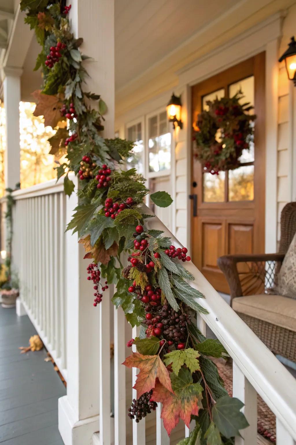 Seasonal trimmings with foliage and fruits contribute allure to your veranda adornment.