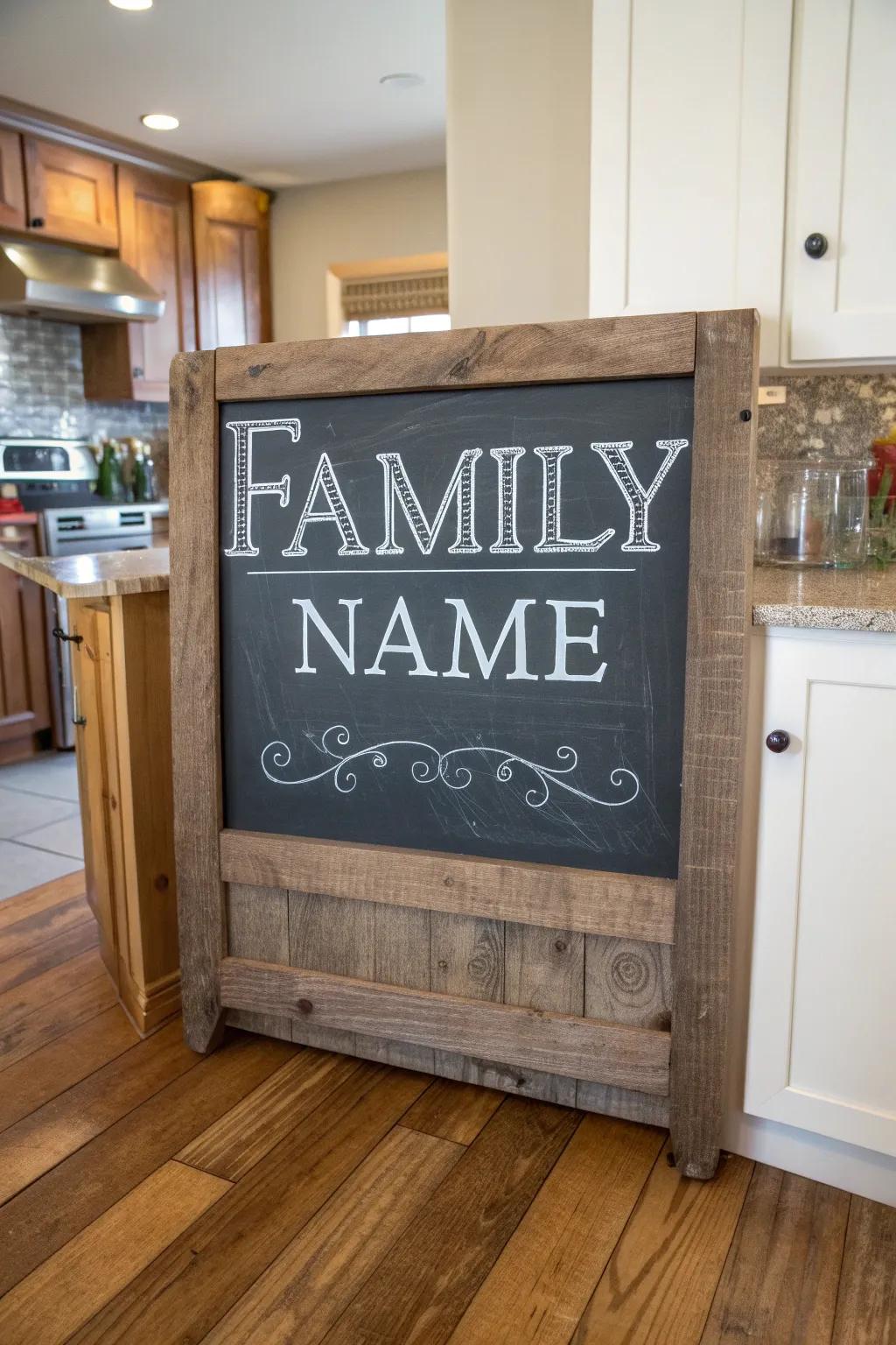 A slate-inspired family name display contributes charm to a cooking space.