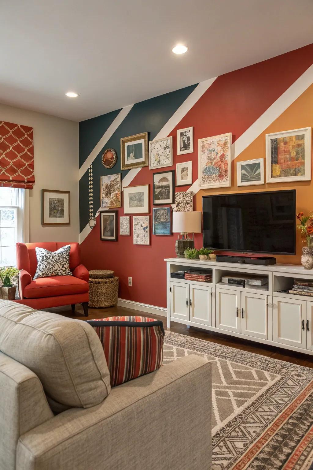 A family room elevated by a bold statement wall.