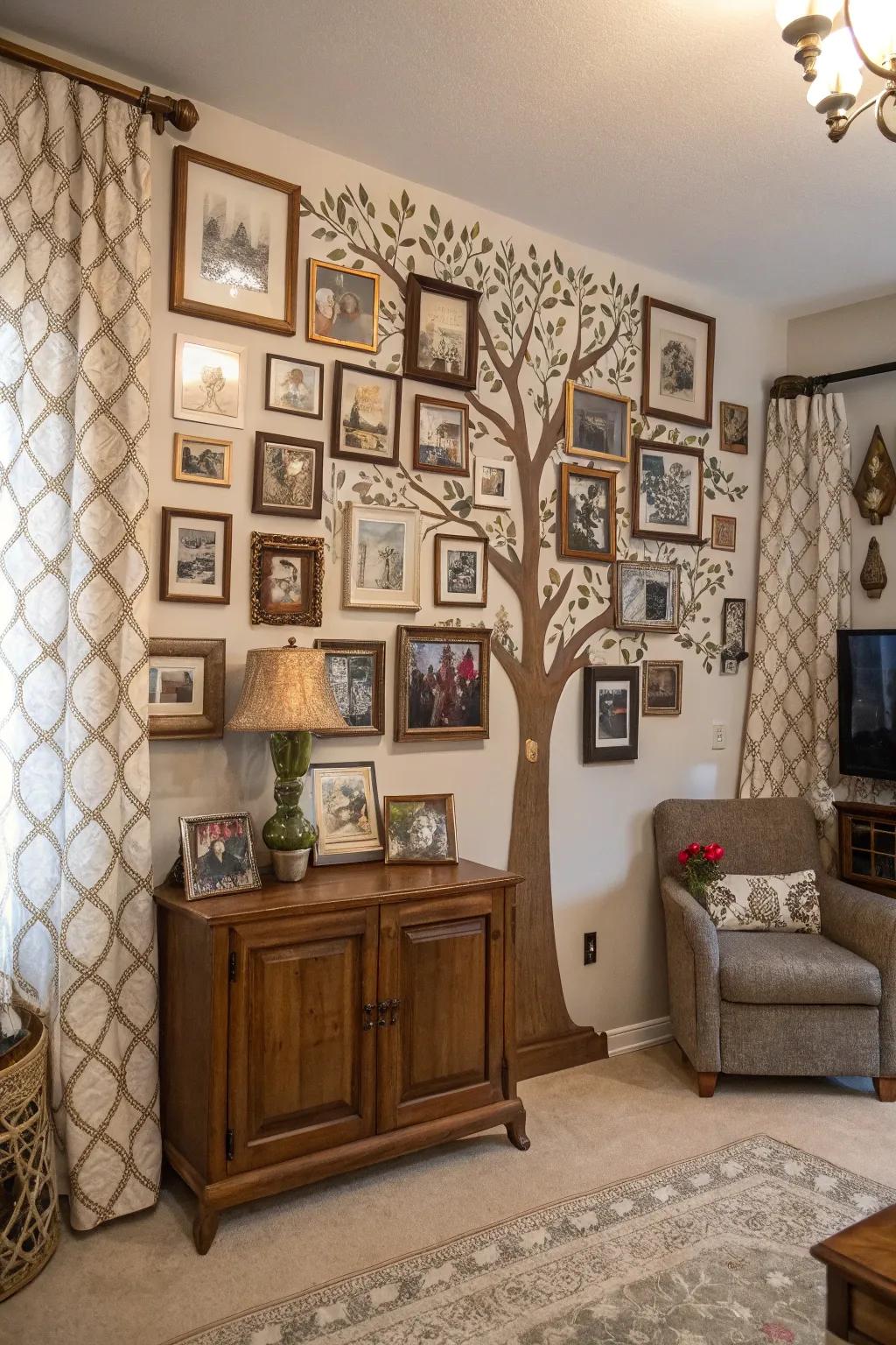 Personal ancestry celebrated via tree displays.