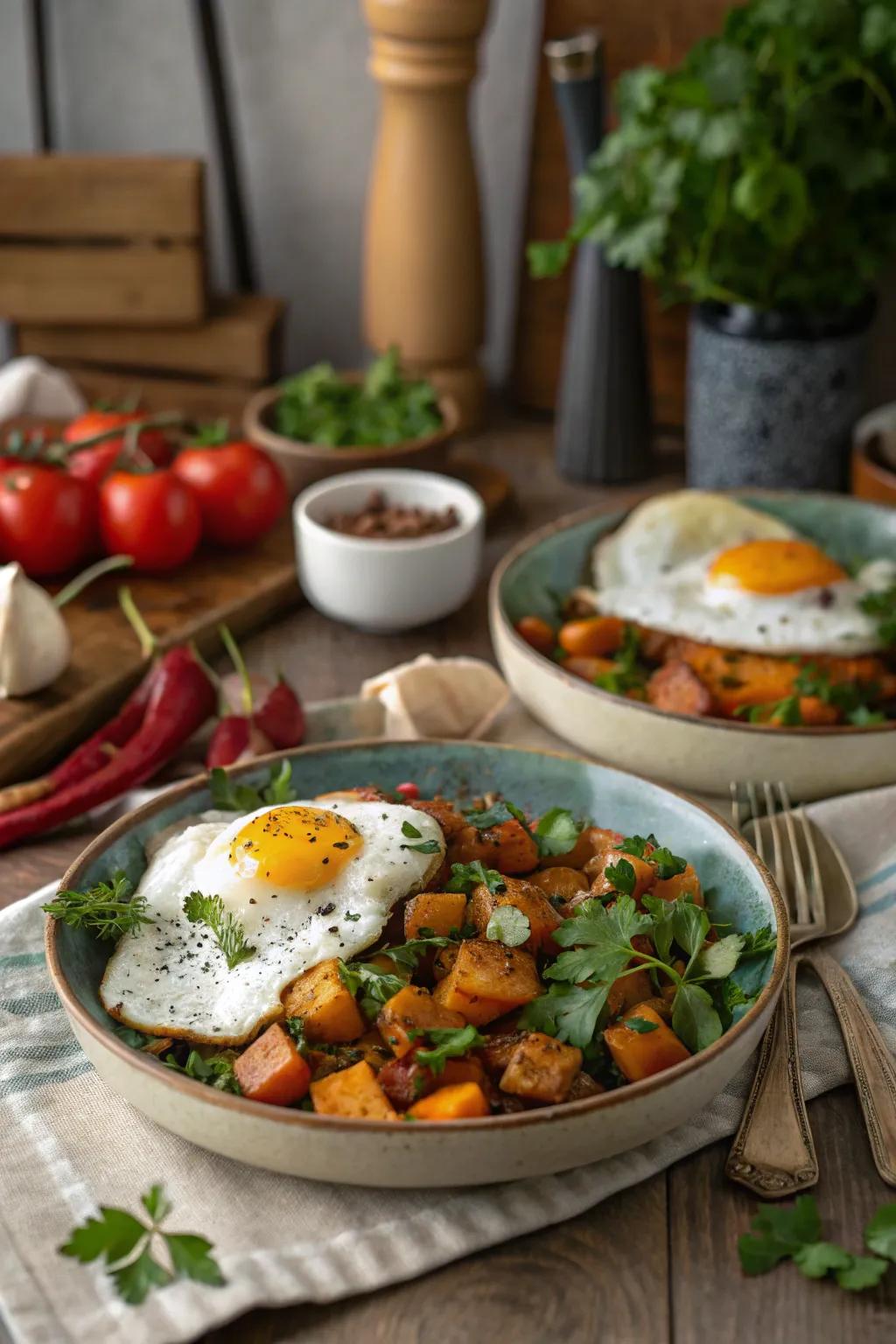 Eggs with caramelized potato create a vibrant and nourishing meal.