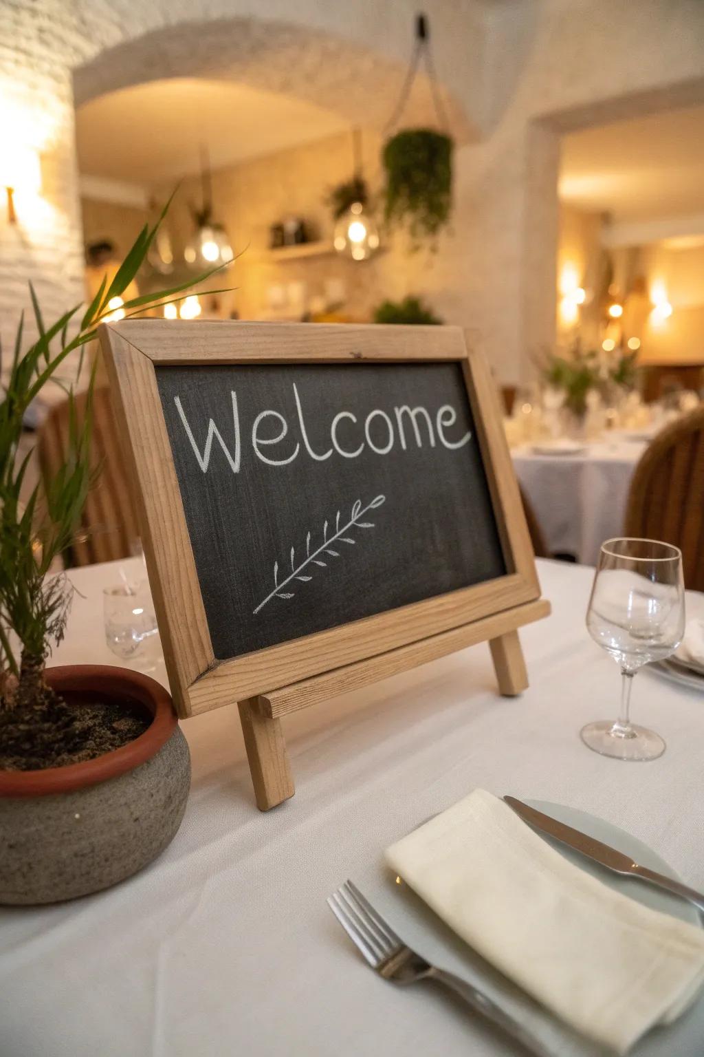 A small blackboard injects a personalized gesture through a welcoming salutation.