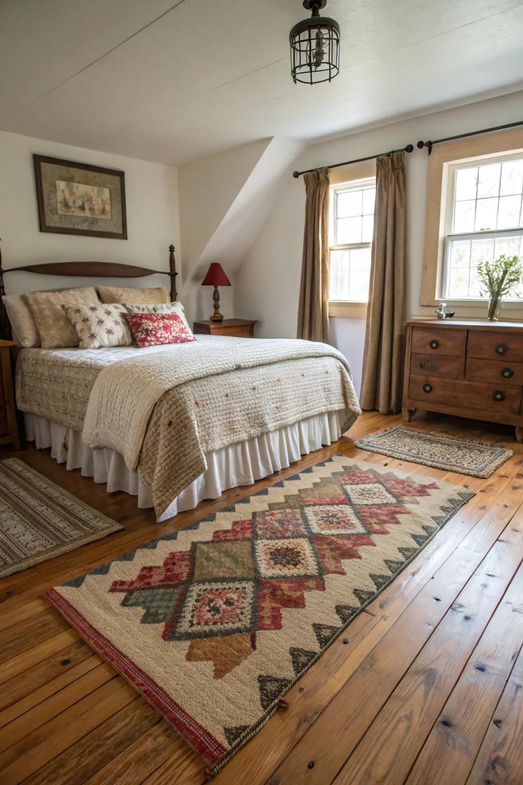 Layered floor coverings contribute to a cozy and textured feel.