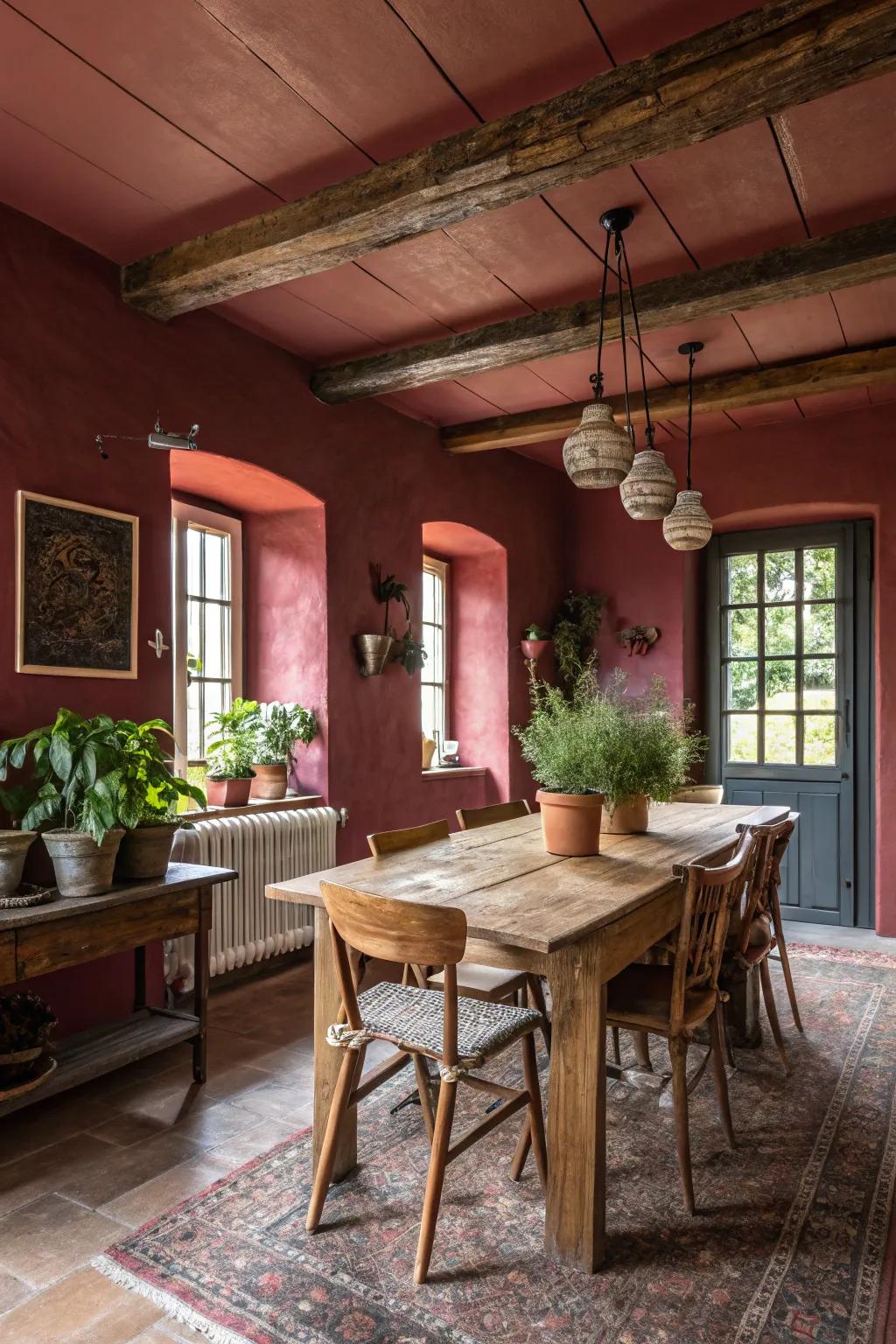 Color drenching engenders a theatrical impression in this farmhouse dining room.