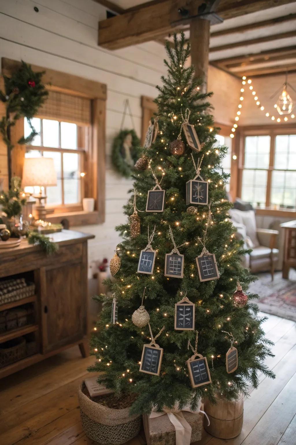 Mini chalkboard decorations add a bespoke twist to this tree.