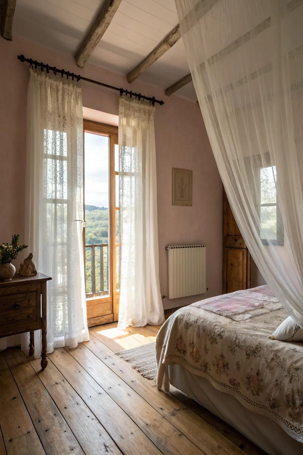 See-through curtains gently filtering light to create a serene farmhouse bedroom.
