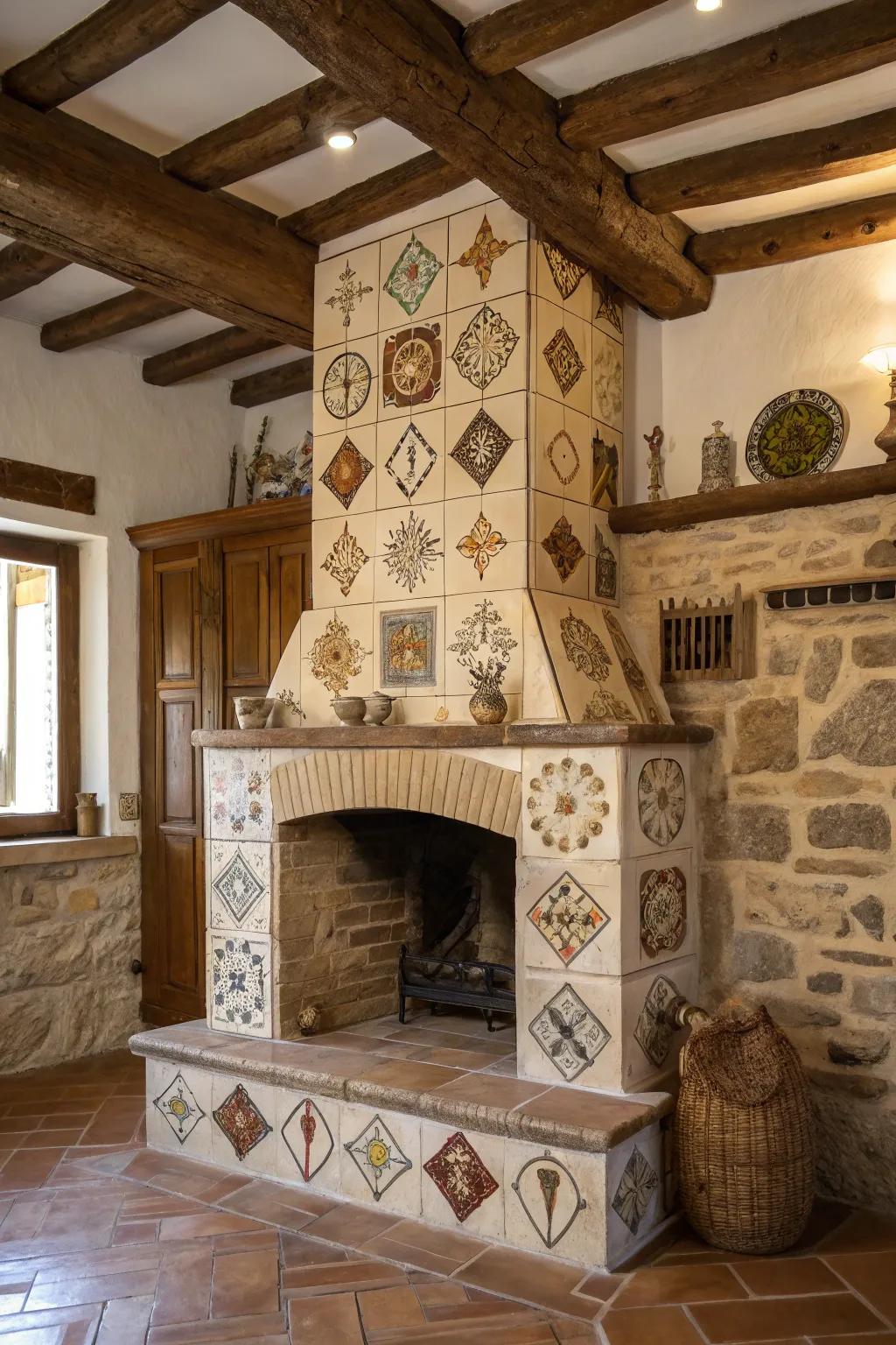 Eclectic tile shapes adding uniqueness to a farmhouse fireplace.