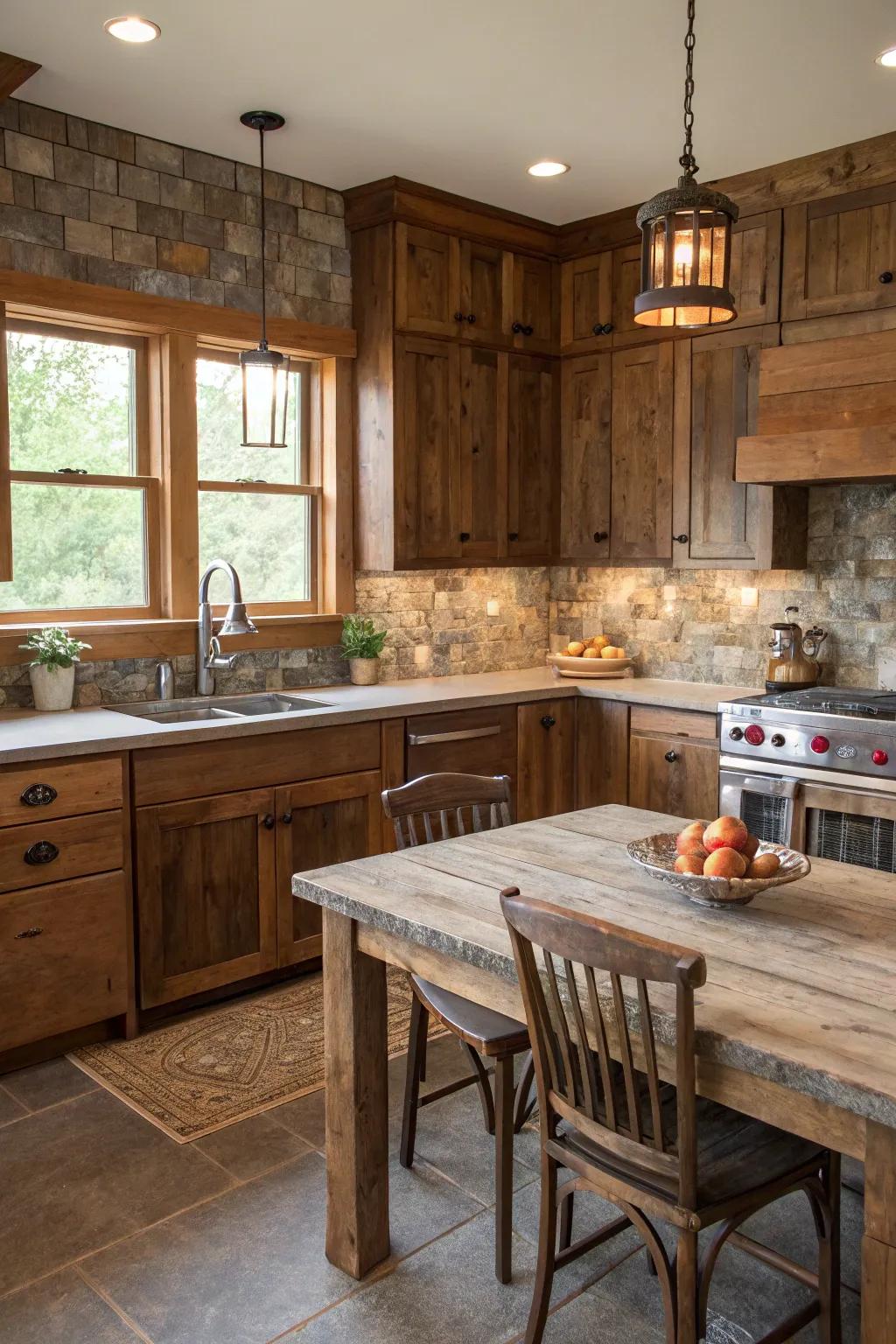A farmhouse cooking area with a backsplash made from reclaimed materials.