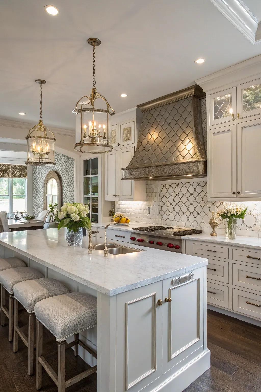 A shiny backsplash adds glamour and creates the kitchen feel more spacious.