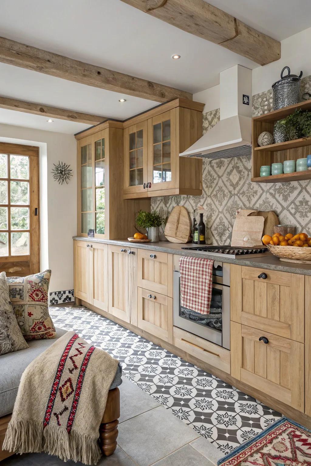 Patterns inject a spirited nuance into a cooking space featuring pale timber cabinetry.