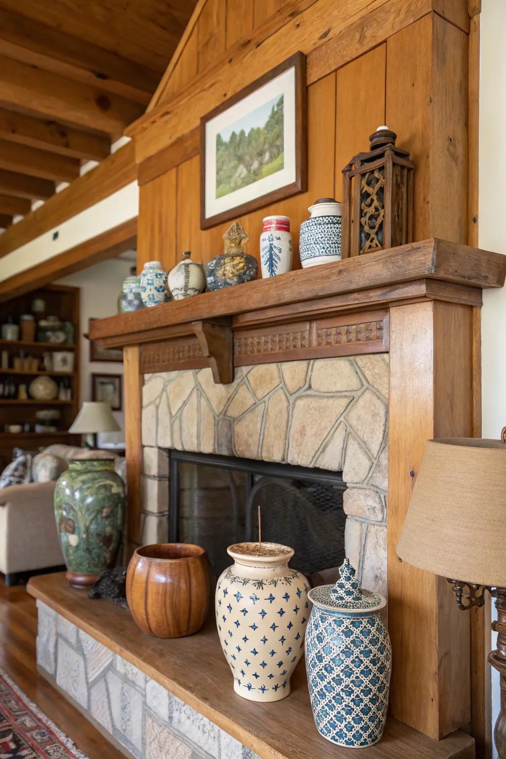 An eclectic mix of pottery adds an artisanal touch to the mantel.