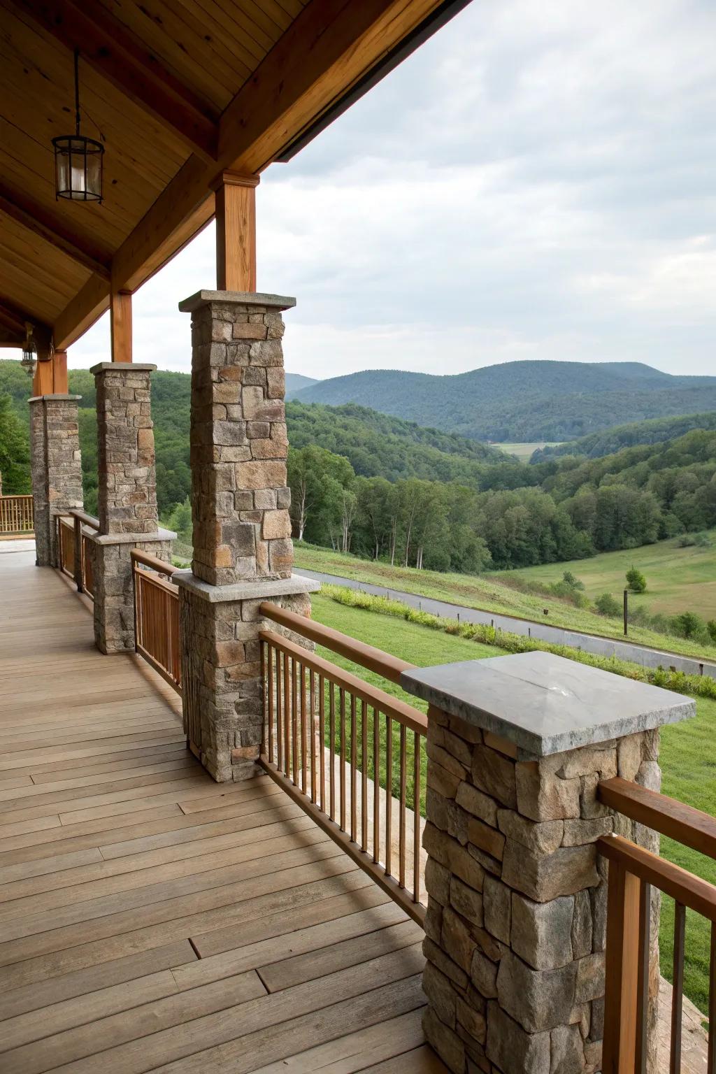 Sturdy elegance: Rock elements in deck railing.