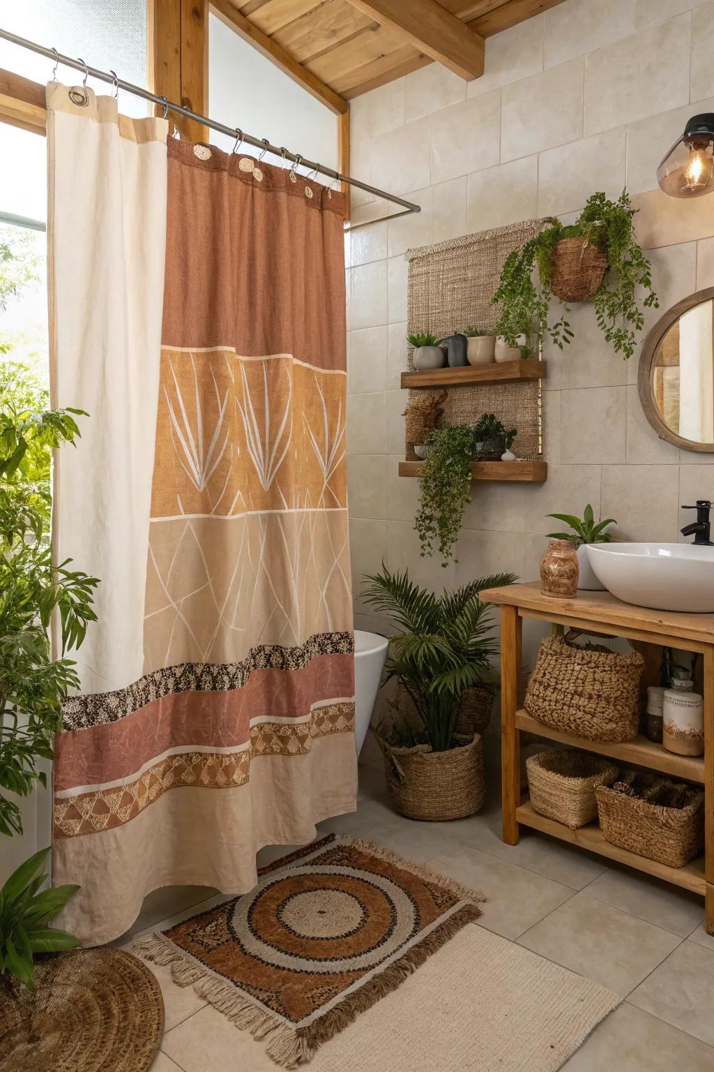 A bathroom with a nature-inspired color shower drape and natural design elements.
