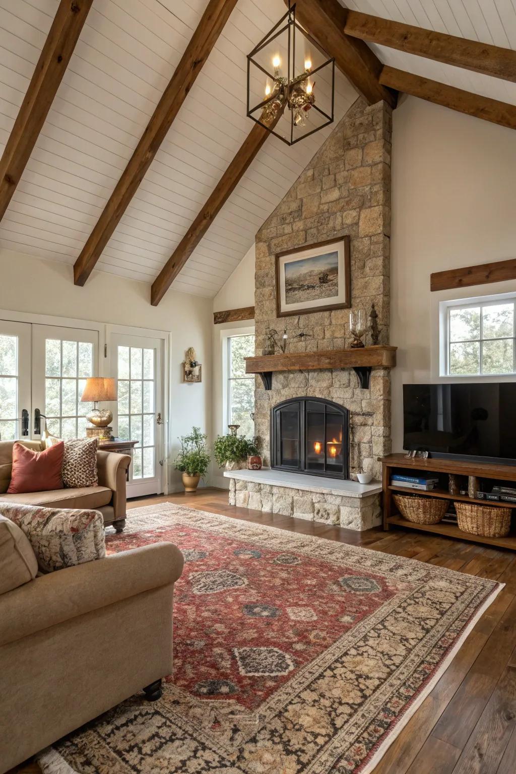Layered floor coverings add warmth to a farmhouse living space.