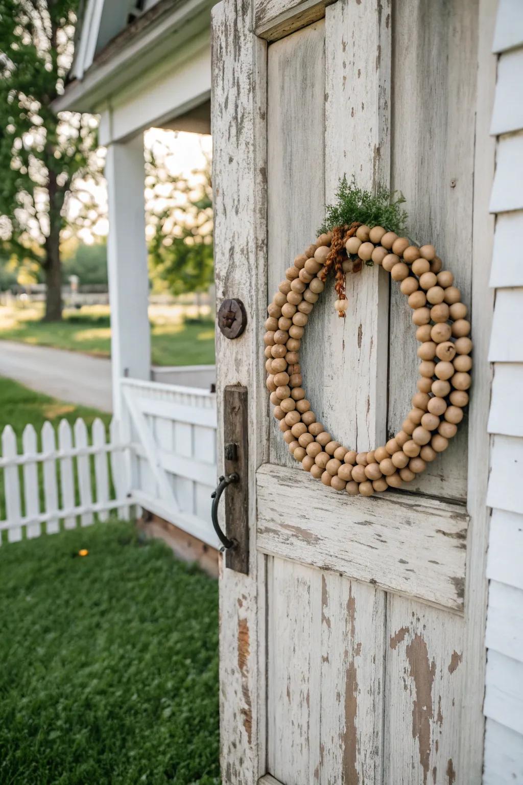 Festive wreath crafted from timber-sphere strand.