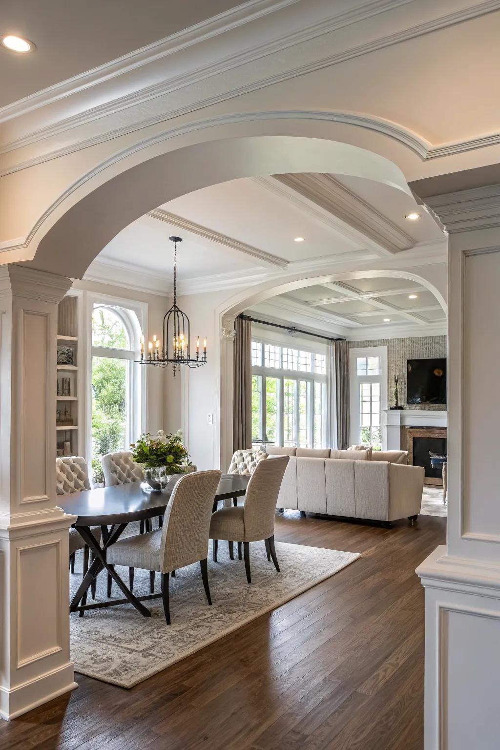 Distinguish open spaces using decorative faux molding.