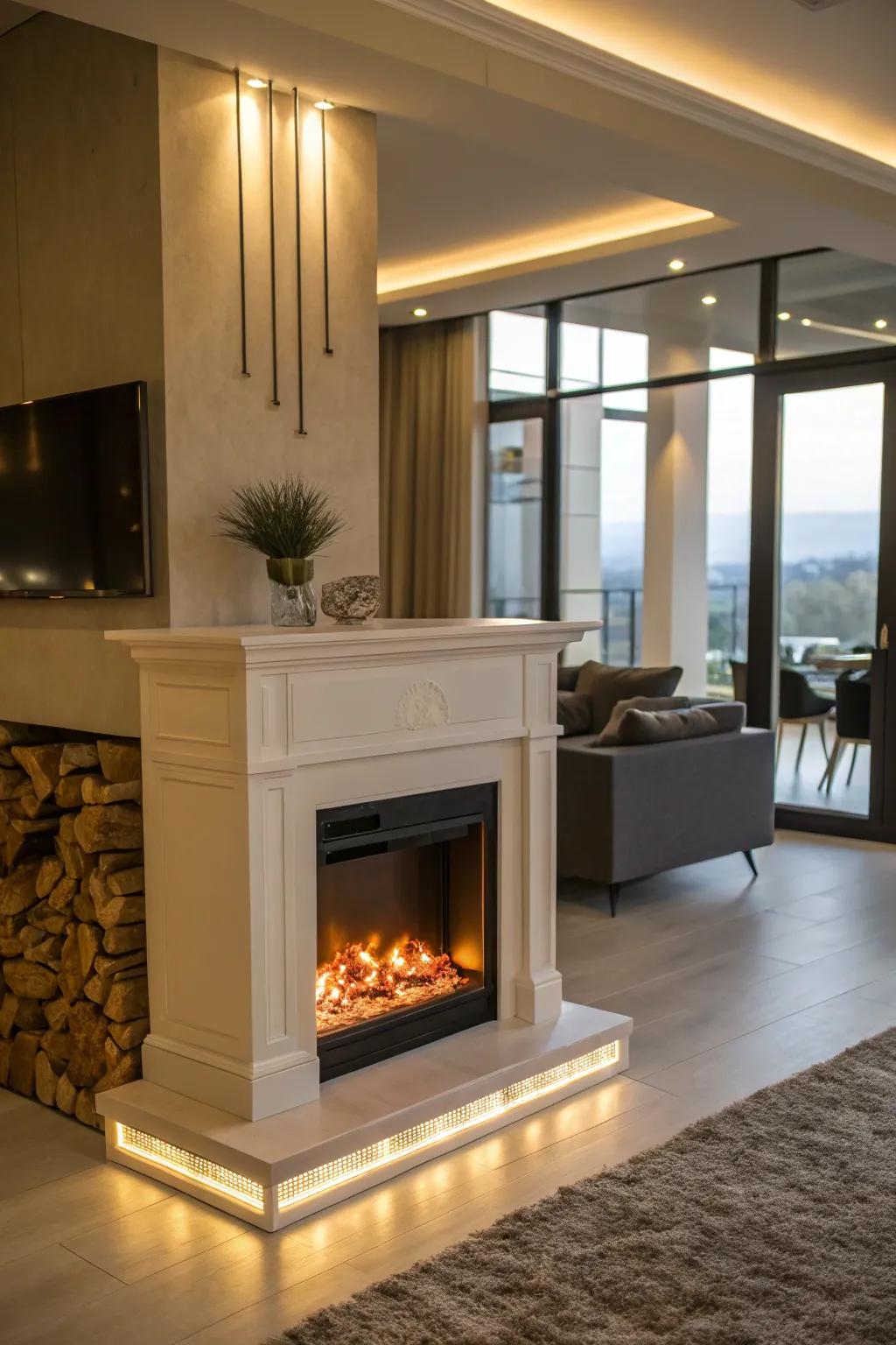 An artificial fireplace using emitting diode lights for an authentic warm radiance consequence.