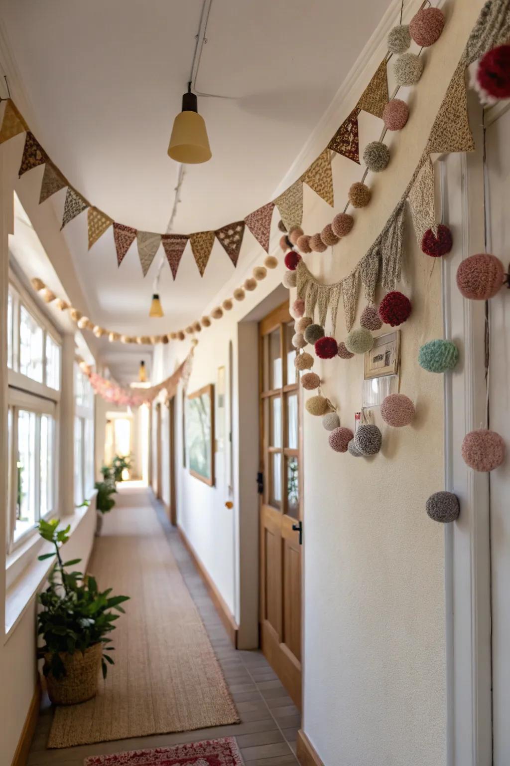 Eclectic felt garlands create an eye-catching and dynamic entrance.