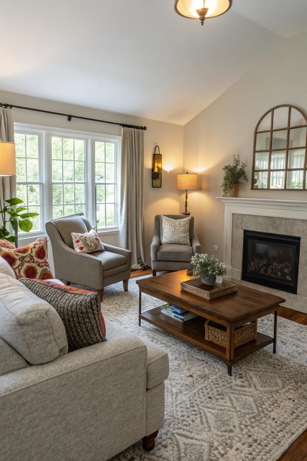 A living space presenting a dynamic asymmetrical arrangement of furnishings.