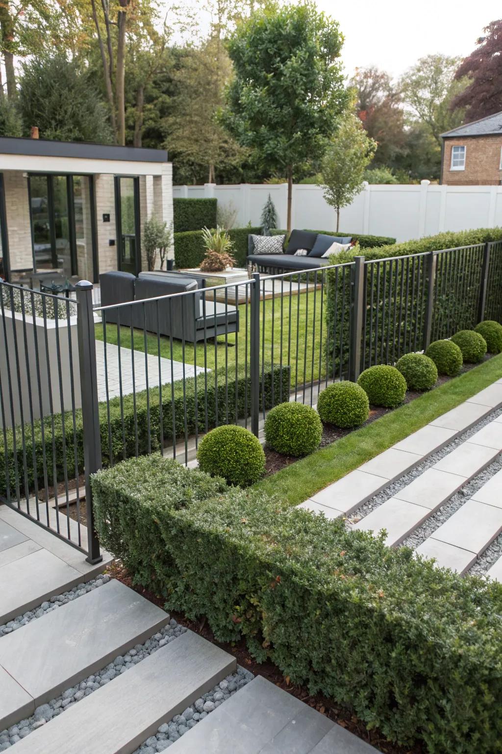 Steel fencing extends a polished and contemporary edge to outdoor expanses.