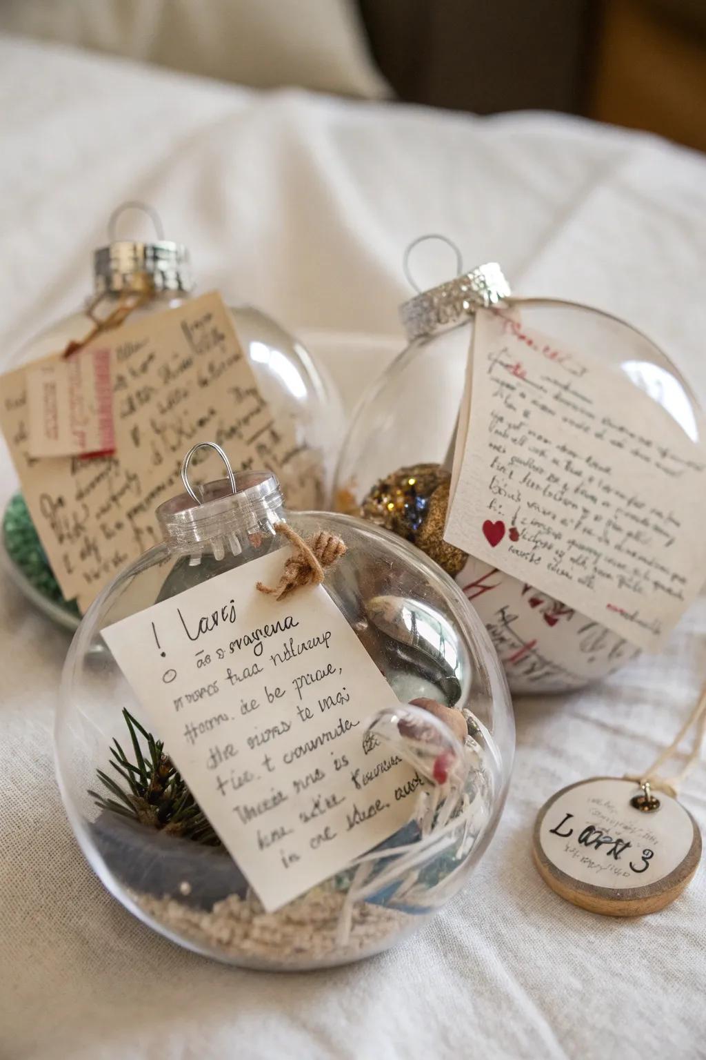 Temporal capsule ornaments featuring notes and mementos.