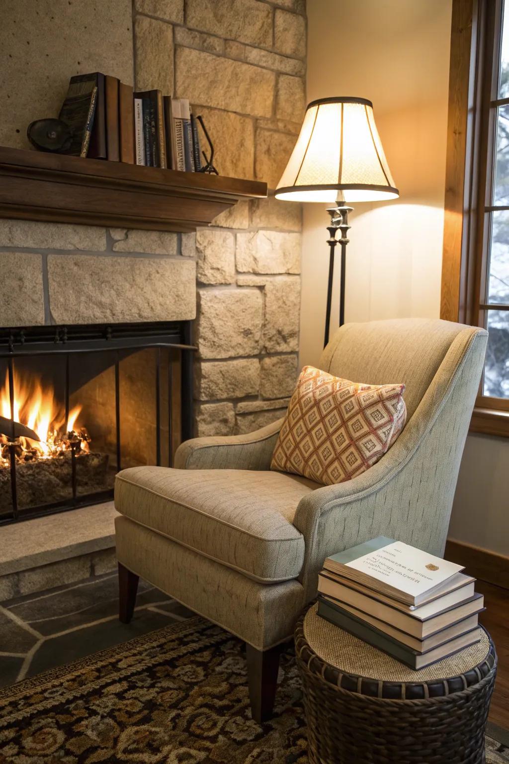 An inviting reading nook beside a fireplace, ideal for unwinding with a book.