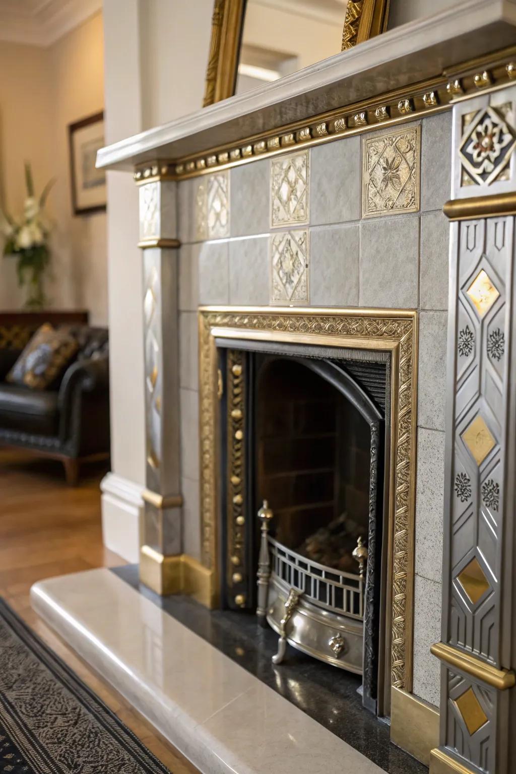Metallic highlights bring glamor and elegance to the fireplace.