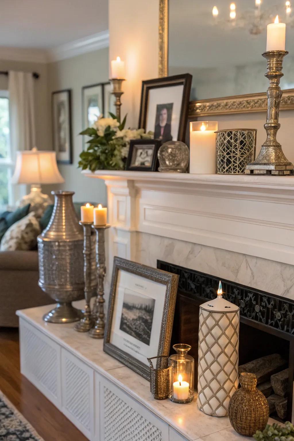 An eclectic mantel display that surprises with its diverse styles.