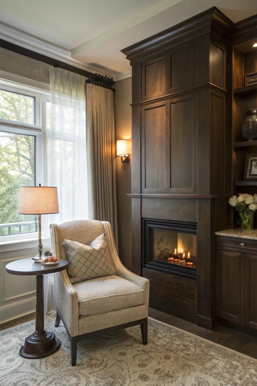 A snug nook encourages relaxation by the fireplace.