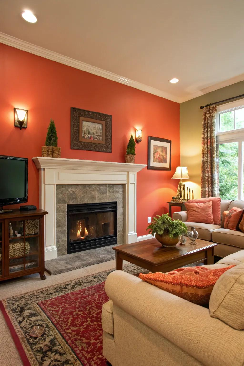 A burst of shade on the fireplace structure gives energy to the space.