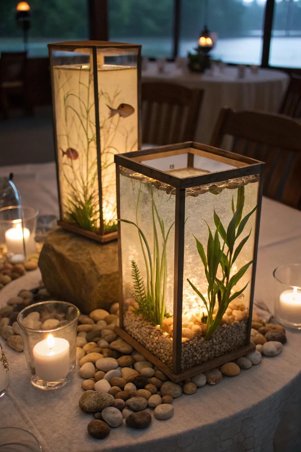 Aquatic-inspired lights create a soft, inviting glow.