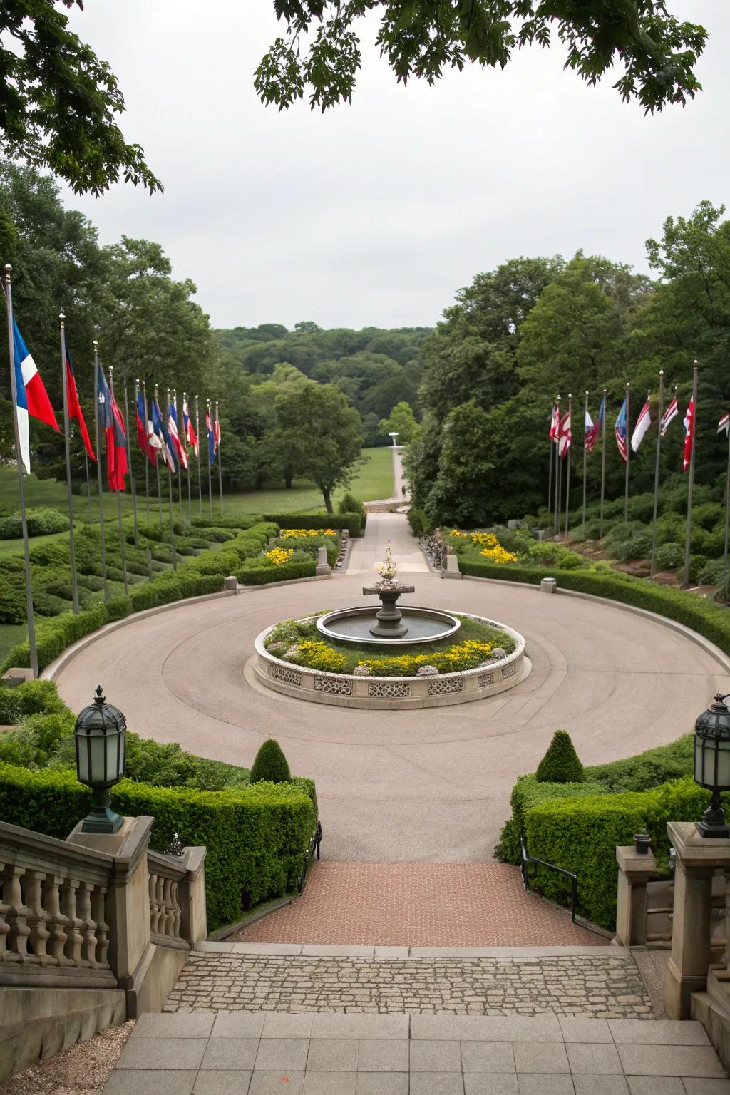 An elegant circular access road with a central garden feature enhancing the rear lot.