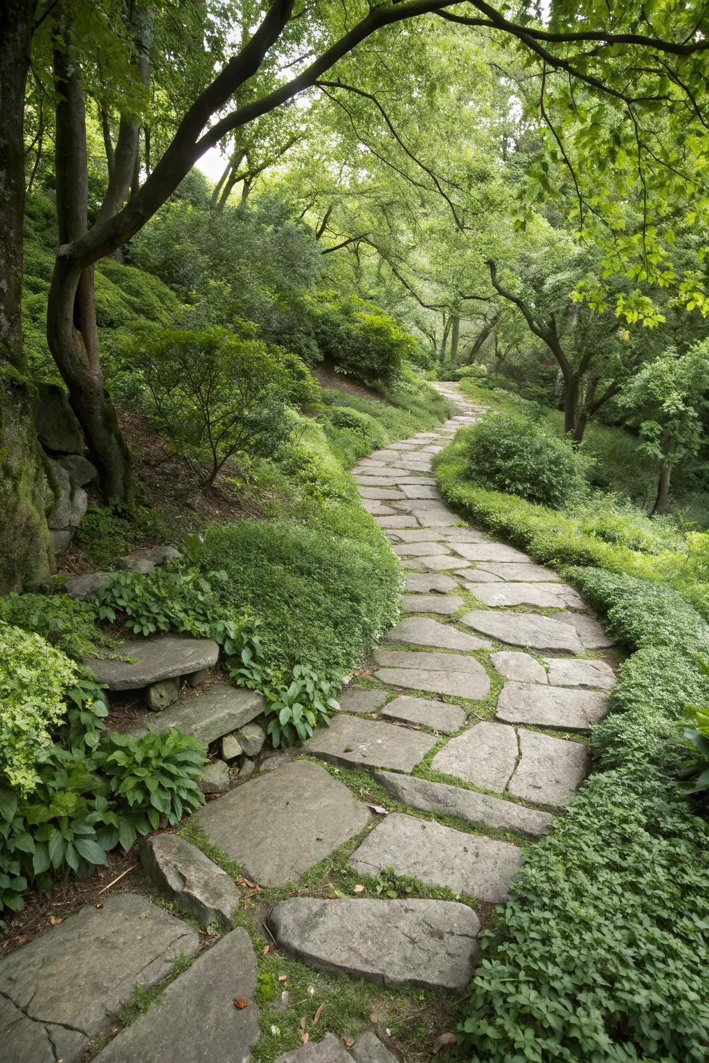 A naturally integrated slate path that complements its surroundings.