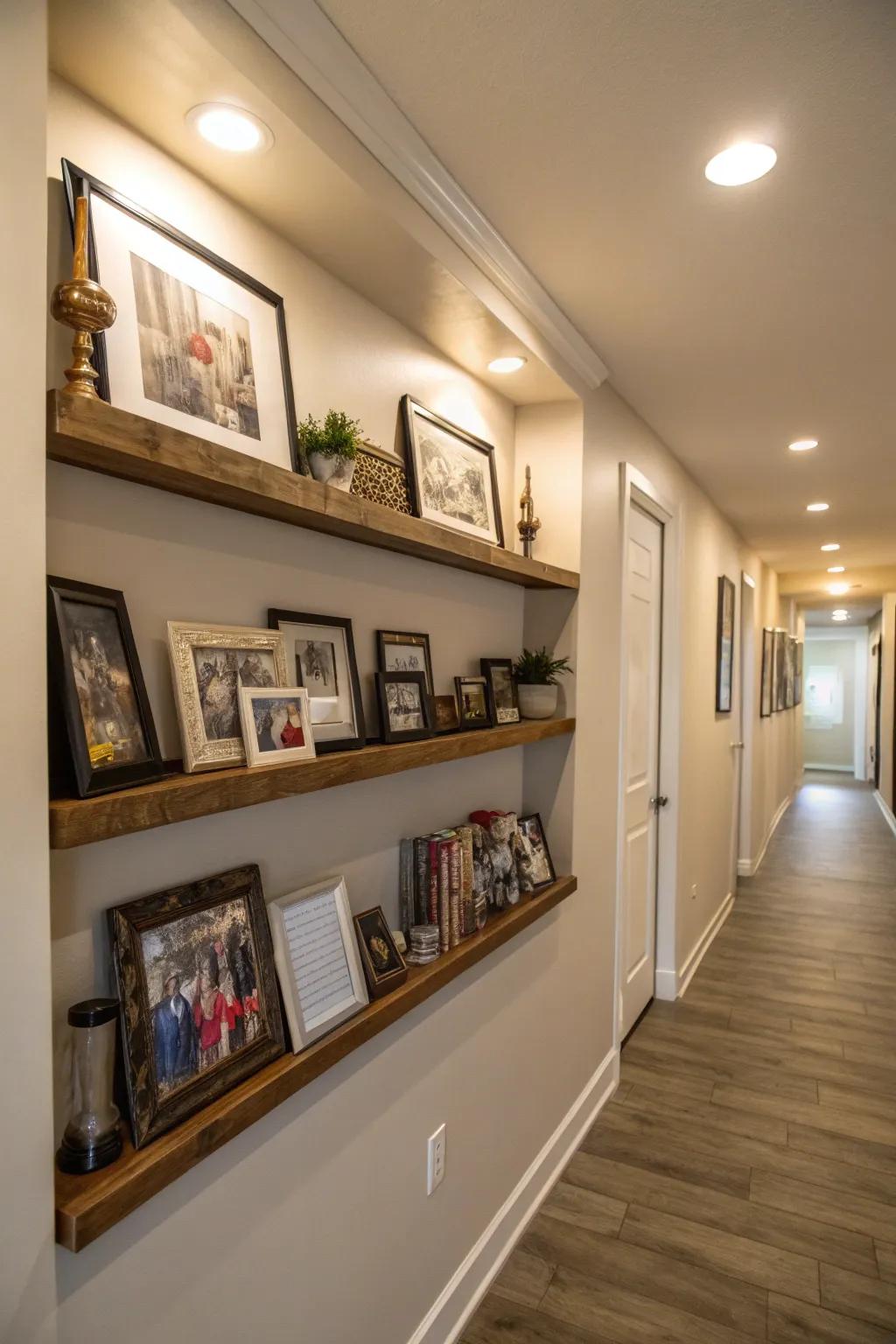 Decorative ledges in the hallway inject a personalized nuance.