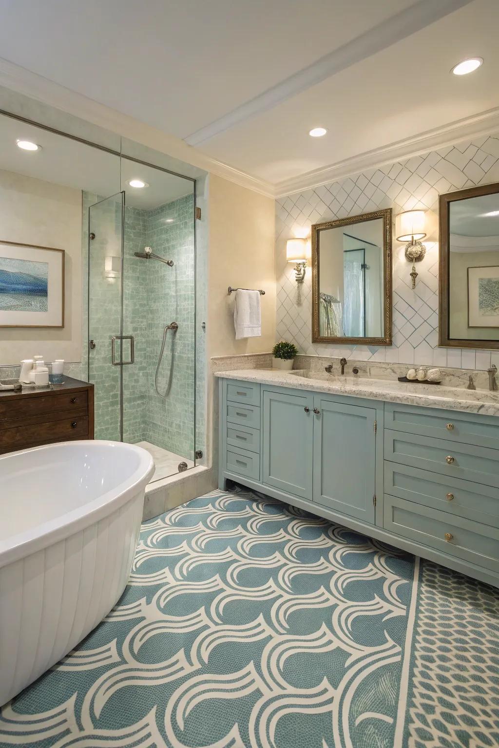 Wave patterns add a calming flow to bathroom floors.