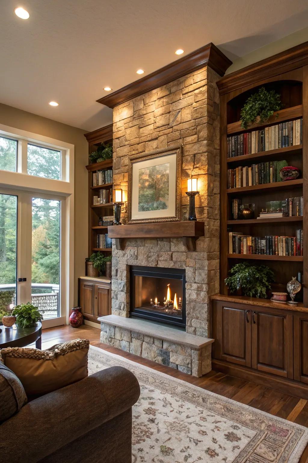 A fireplace with elegant built-in shelves filled with books and decor.