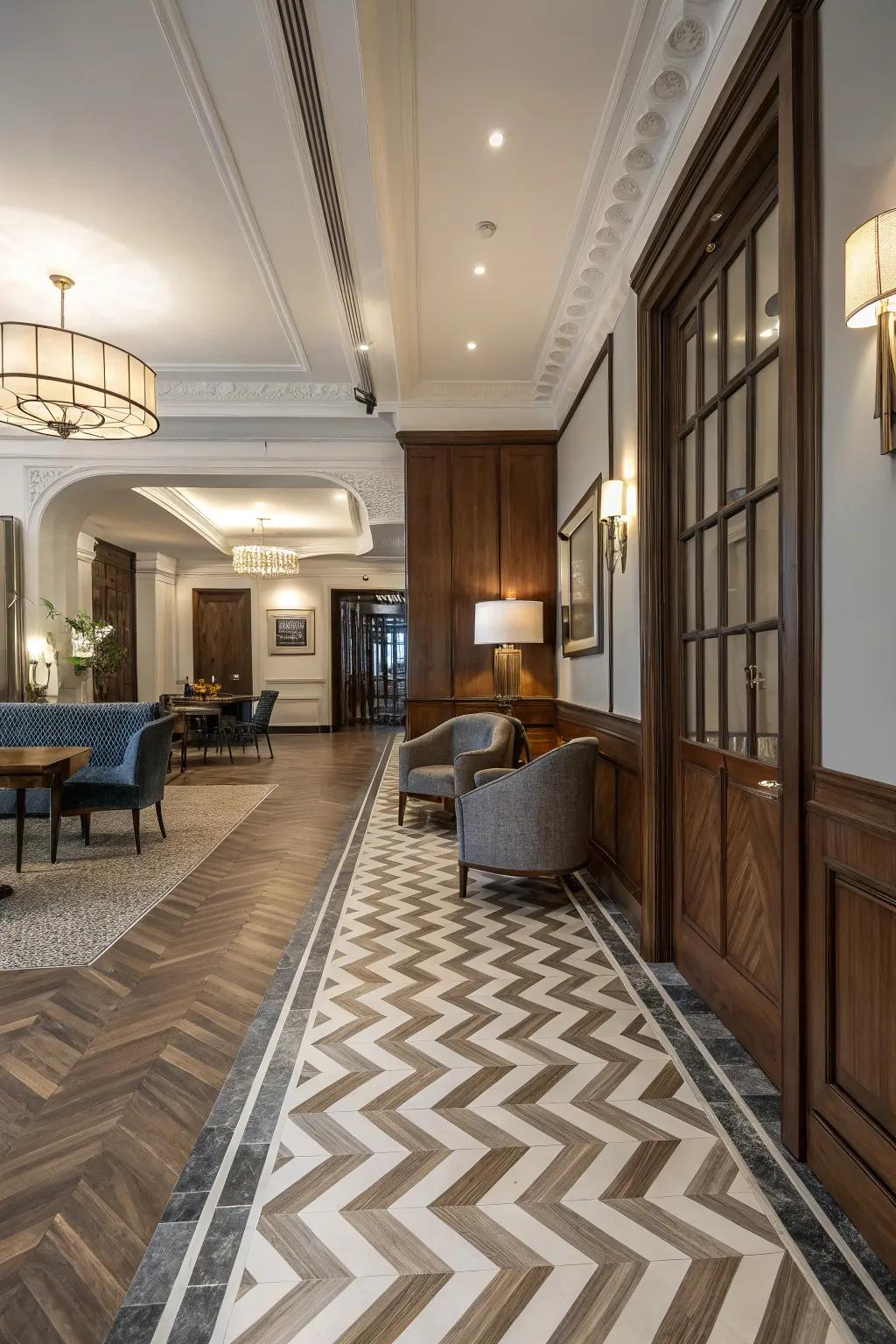 Chevron pattern transition offers a sophisticated look.