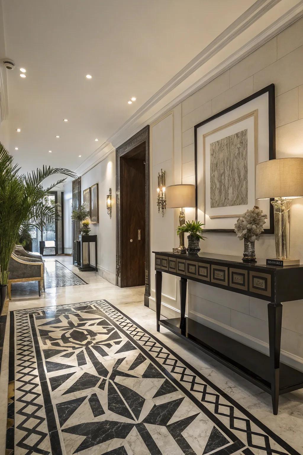 Chic statement with dark and light patterned floors.
