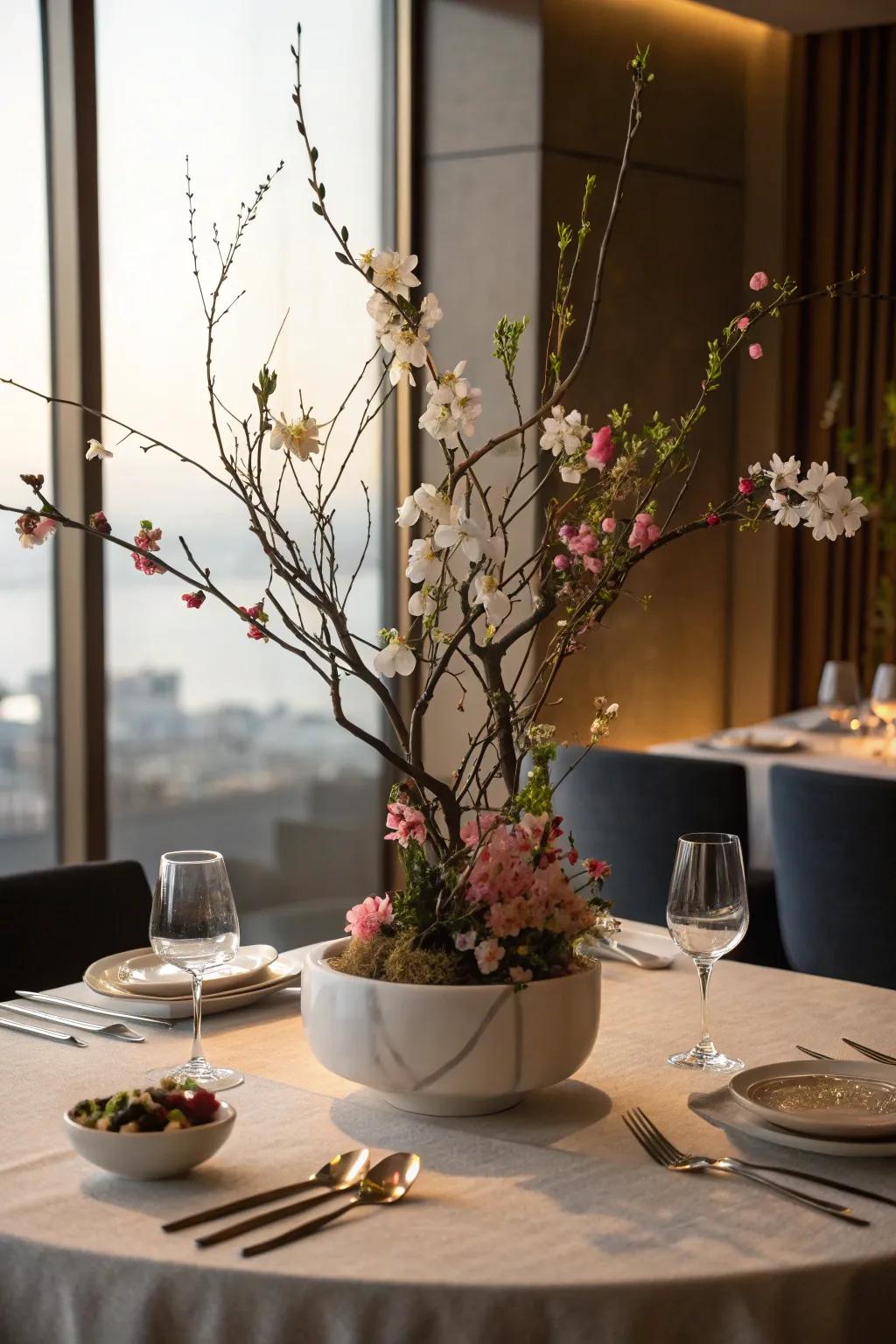 Minimalist Ikebana botanical arrangement, delivering a tranquil and artistic touch.