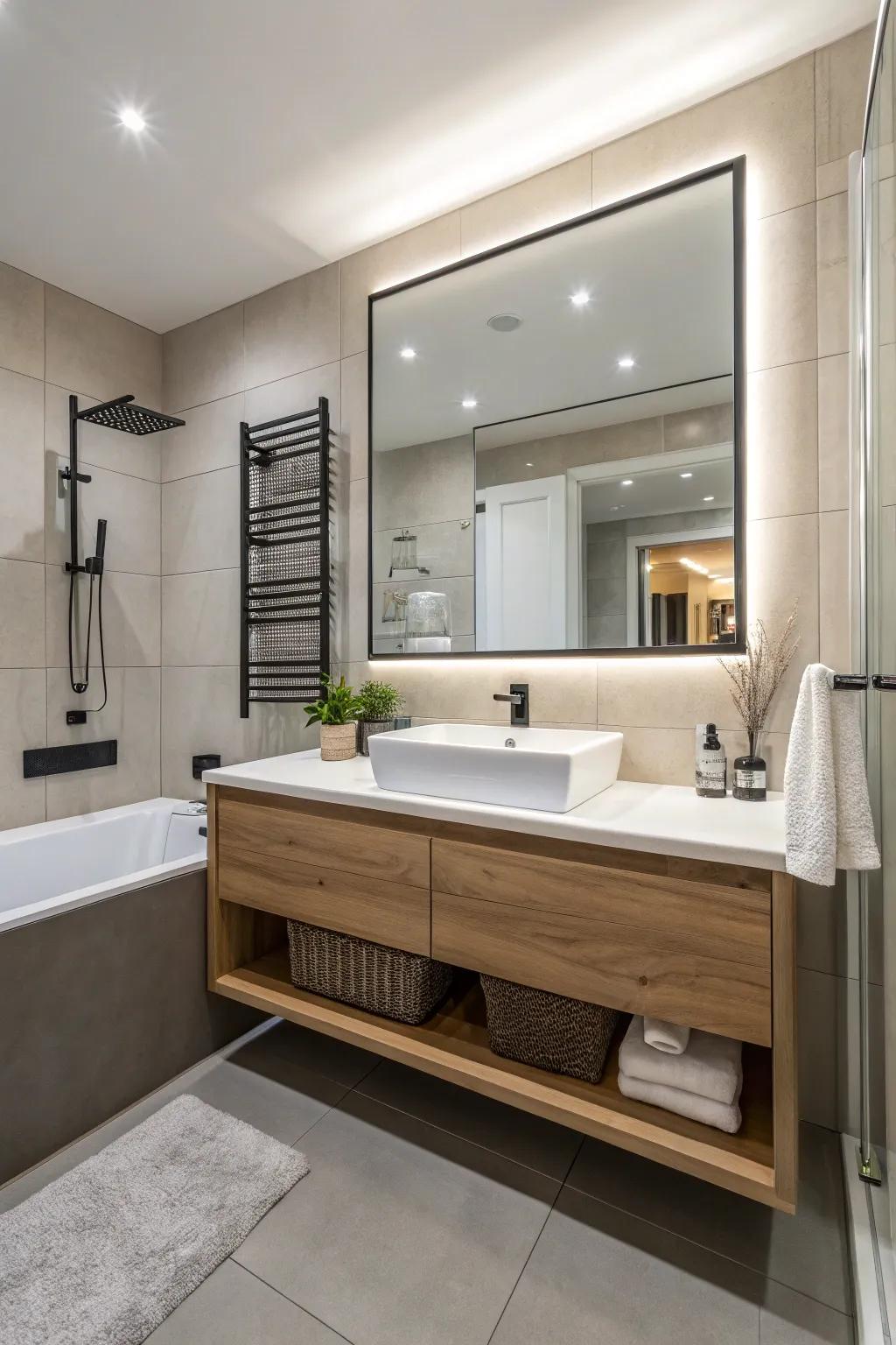 Hanging shelves create a modern and spacious feel.
