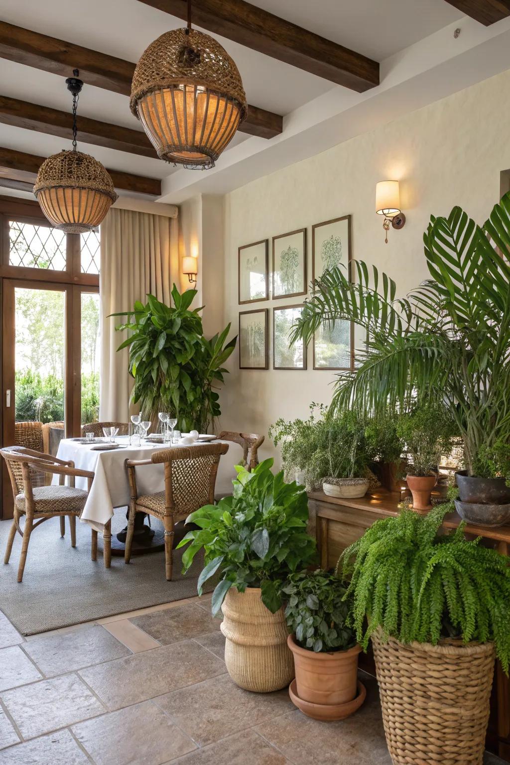 Natural things like plants refresh and enliven the dining area.